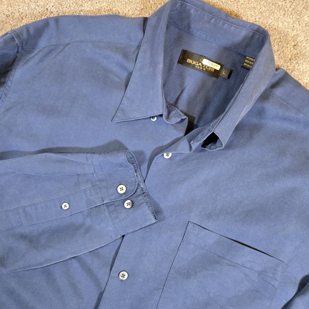 Bugatchi Uomo‎ Mens Navy Blue Silk Button Down Size Large